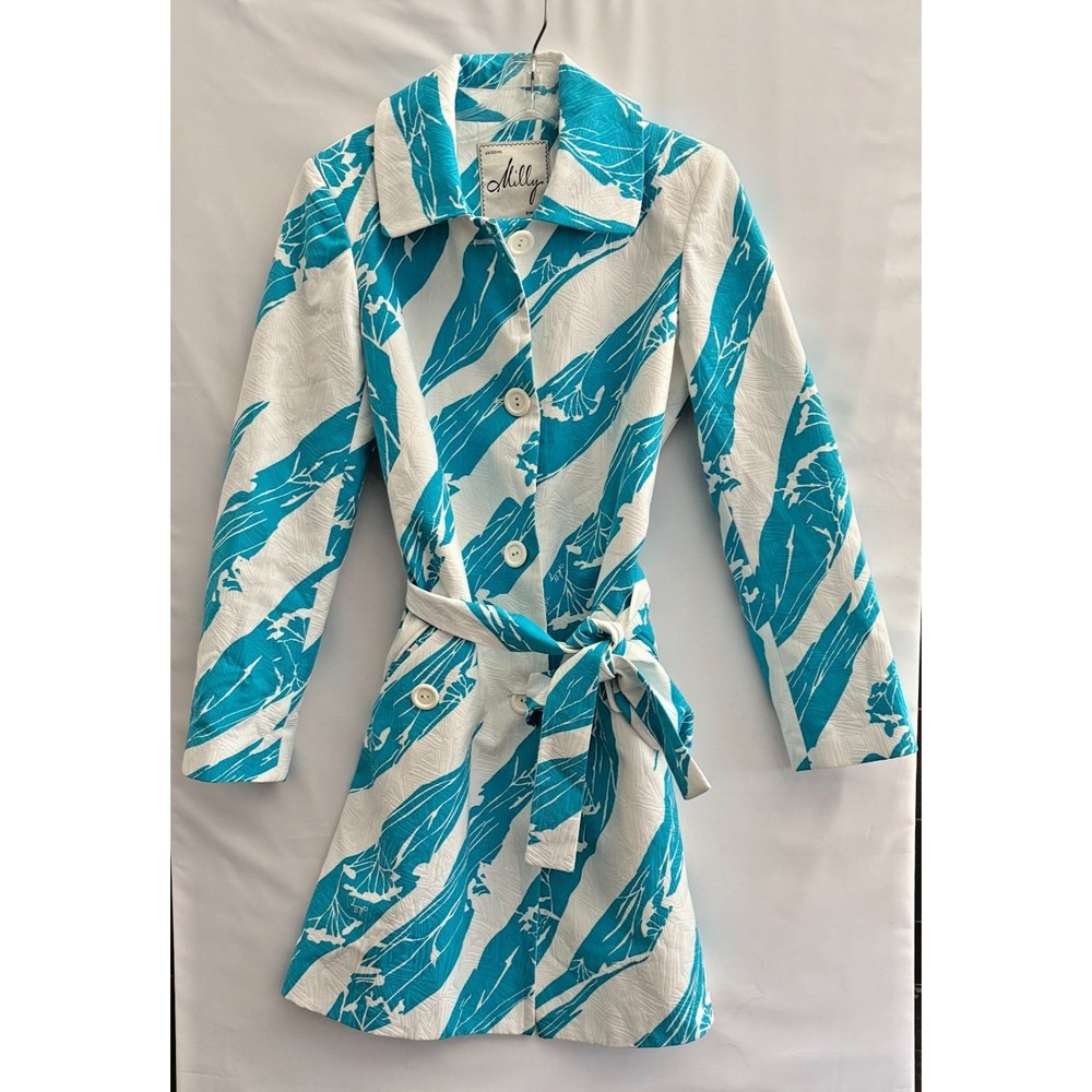 Milly of New York Overcoat in Aqua/White Mid Length Belted Size 6